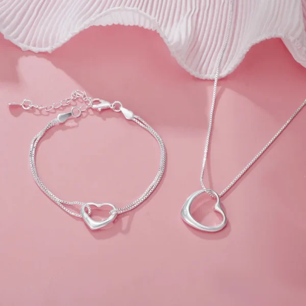 Conjunto de colar com pulseira em prata 925 de coração - Imagem 6