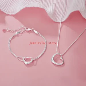 Conjunto de colar com pulseira em prata 925 de coração