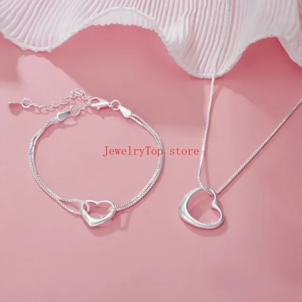Conjunto de colar com pulseira em prata 925 de coração