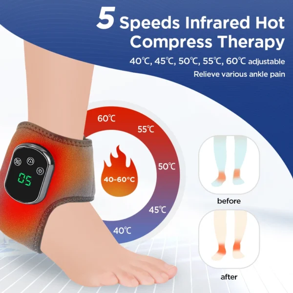Dispositivo de terapia de luz vermelha infravermelha para tornozelo, para dor nas articulações, compressa quente, 3 modos de vibração, massageador de pés - Imagem 2