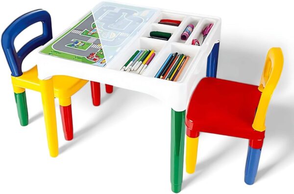 Mesinha Infantil Didática Conjunto de mesa e cadeiras para atividades infantis mesa de desenho artístico com armazenamento com 2 cadeiras (Multicolorido)